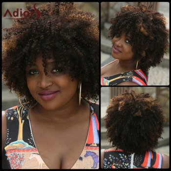 Fluffy Afro Curly Fashion Black Brown Mixed Capless Synthetic Wig For Women