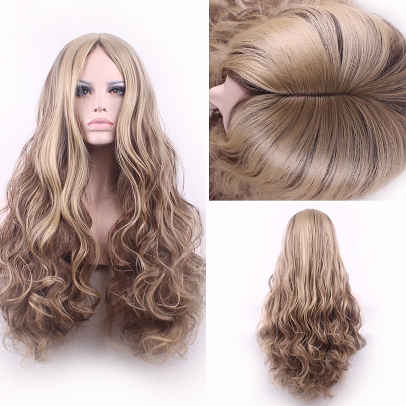Bouffant Curly Long Synthetic Trendy Light Blonde Mixed Brown Middle Part Women's Cosplay Wig