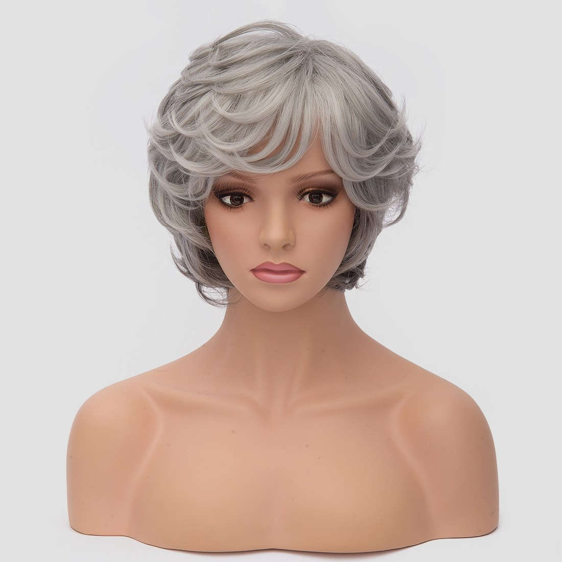 Towheaded Fashion Silver White Mixed Gray Side Bang Short Capless Synthetic Curly Women's Wig