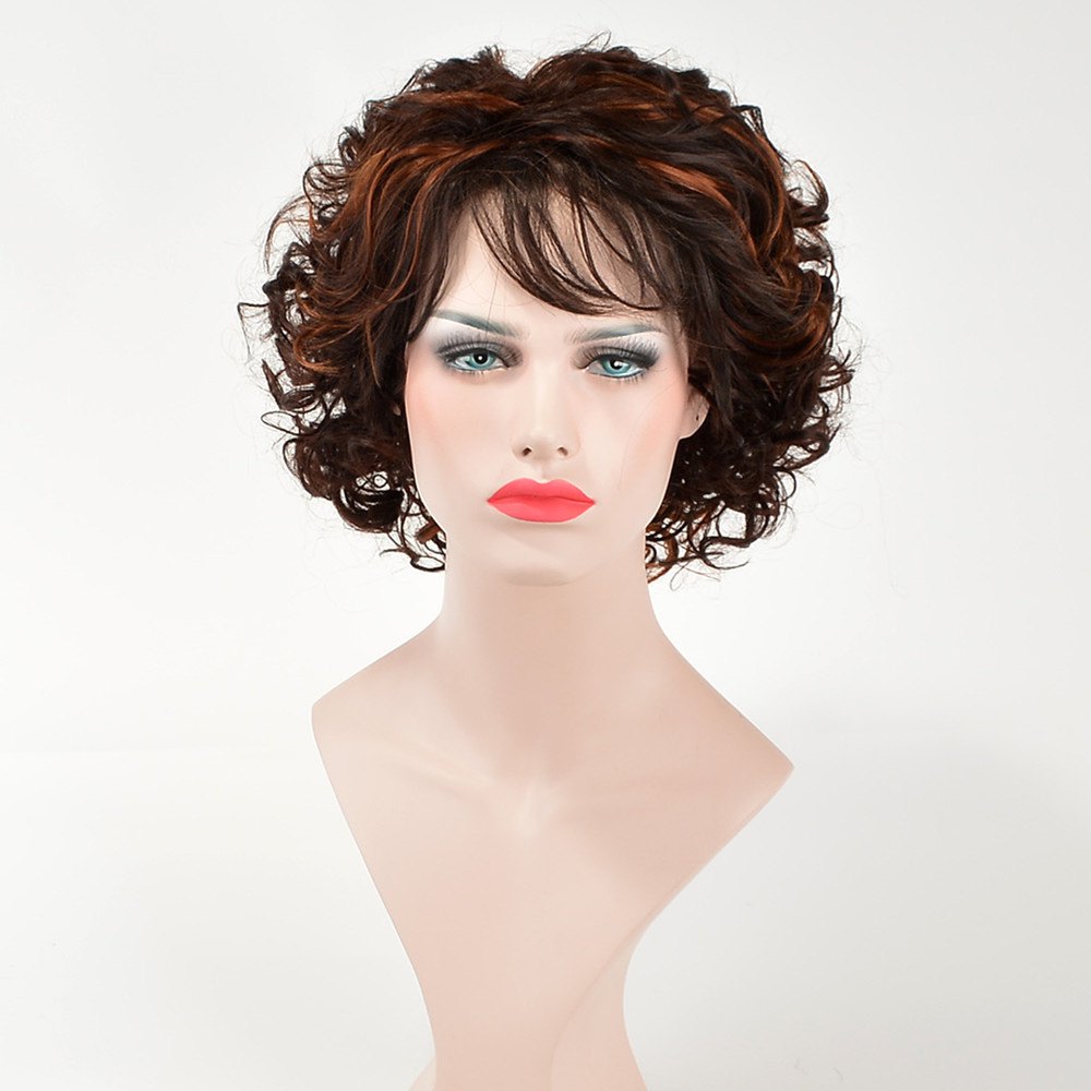 Trendy Short Brown Mixed Synthetic Fluffy Curly Side Bang Capless Wig For Women